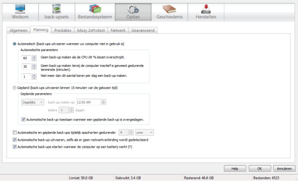 Opties voor automatische en geplande back-ups in de back-upsoftware van McAfee Online Backup voor Windows 