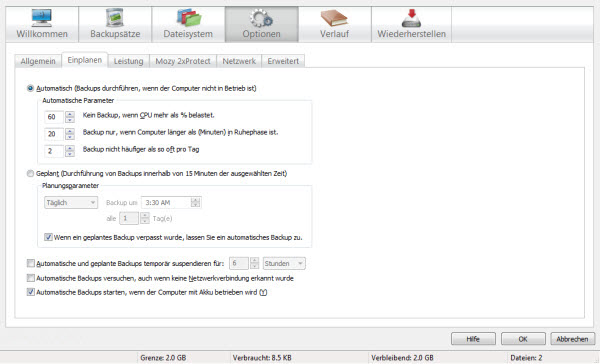 Automatische und geplante Backup-Optionen in der McAfee Online Backup Backup-Software für Windows 