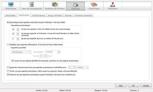 Options de sauvegardes automatiques et planifiées dans le logiciel de sauvegarde McAfee Online Backup pour Windows 